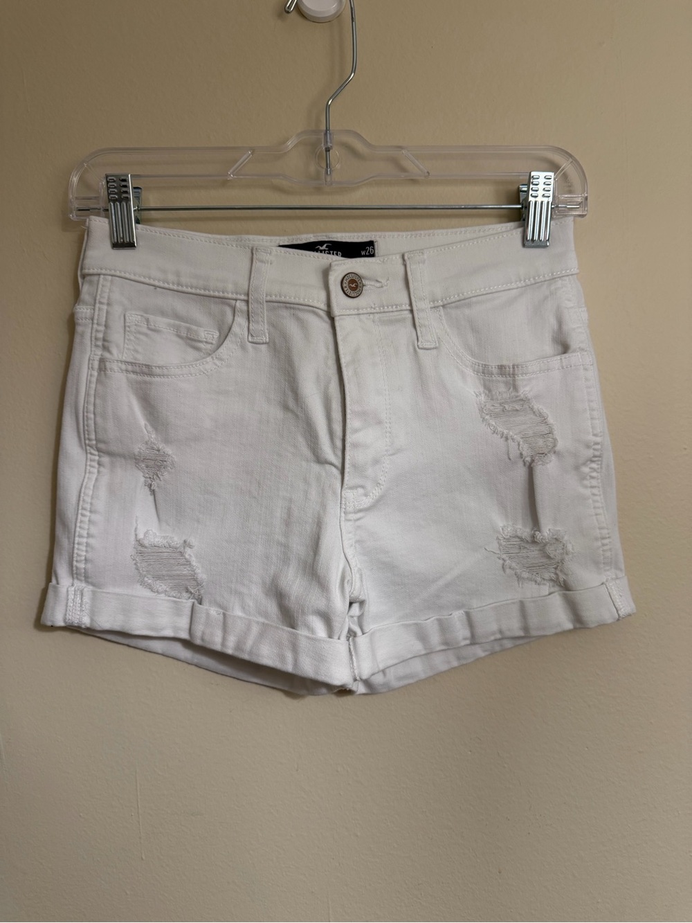 Hollister White Distressed Rolled-Hem Denim Shorts